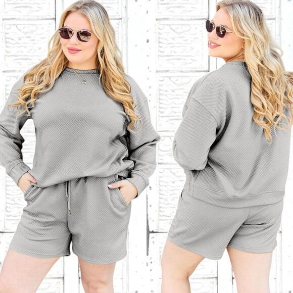 Double Take Tops - Boutique Gray Textured Long Sleeve Top & Shorts Lounge Set | Plus Size | NWT